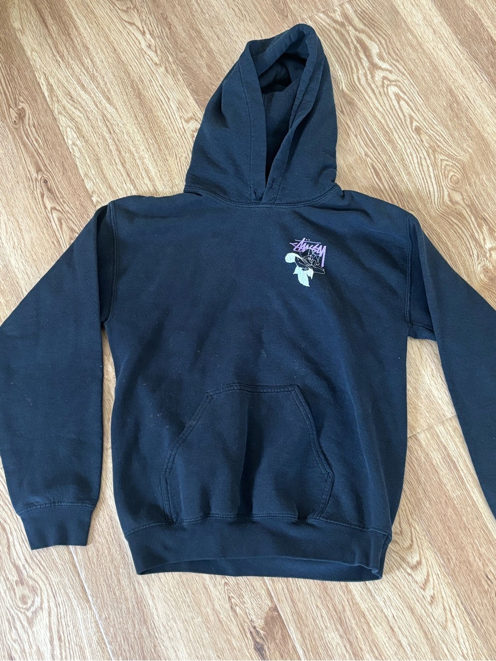 Vintage Stussy Black Hoodie with Purple & White Chest Graphic